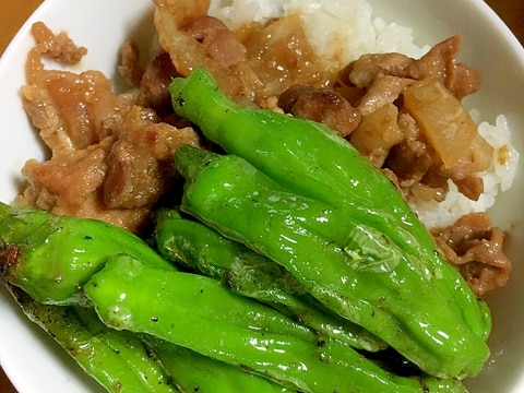 豚肉、しし唐丼